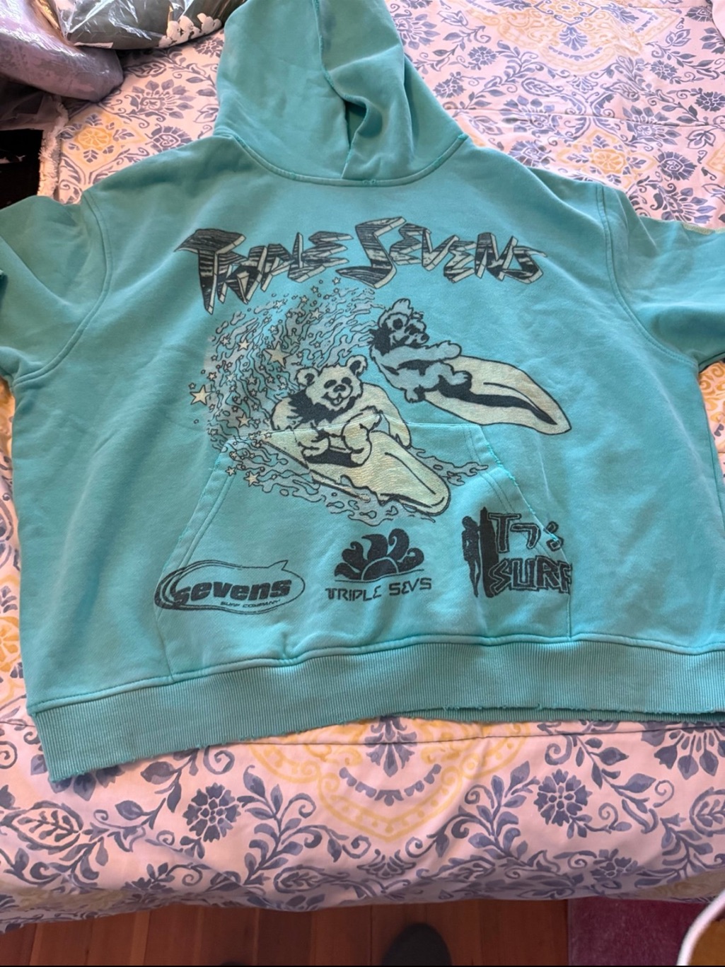 Triple 7 Mens Mint Green Hoodie With Logo Tag